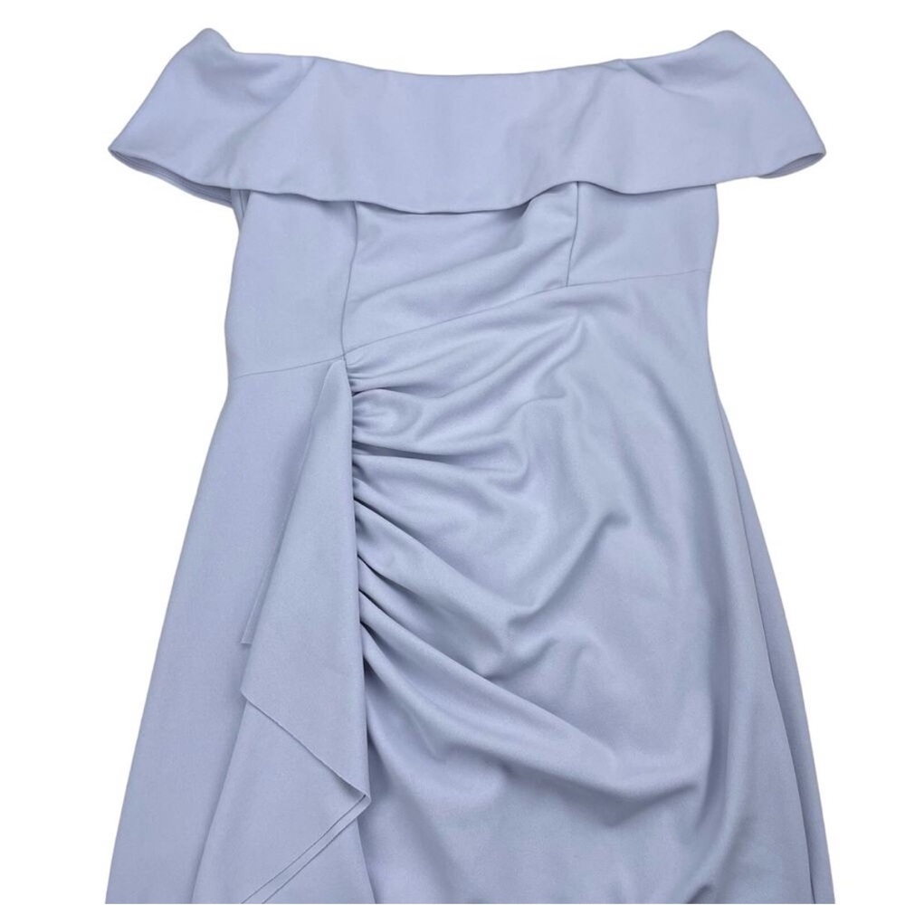 XSCAPE Wrenley Off-Shoulder Ruffled Crepe Sheath Dress Sz 14 Sky Blue - Picture 4 of 8